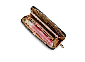 Detail of printed zipper wallet featuring card slots and smartphone compartment