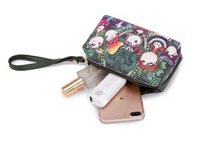 Detail of mandala print pouch with dark green wristlet strap and spacious interior