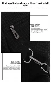 Detail of high-quality plated zipper and woven texture on a black versatile backpack