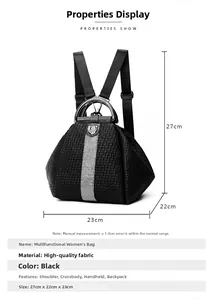 Detailed size chart for black woven texture multi-functional backpack with dimensions