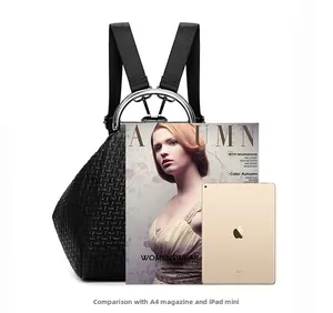 Fashionable black textured backpack shown with A4 magazine and iPad mini for size scale