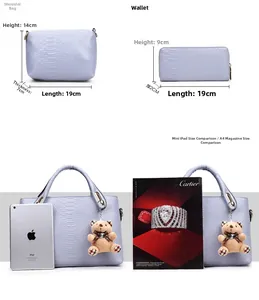 Lavender snakeskin print bag set size details with plush bear charm and iPad scale