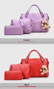 Detailed set of purple and red tote bags with matching crossbody bags and wallets