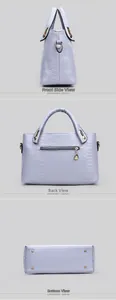 Detailed views of lavender snakeskin pattern leather bag from side, back and bottom