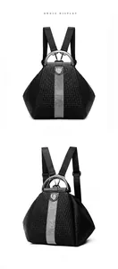 Detail of black woven texture backpack with silver crystal trim and metal handle