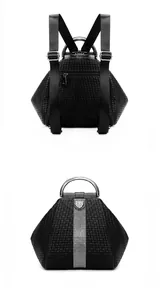 Detail view of woven texture backpack with silver trim and metallic ring handle