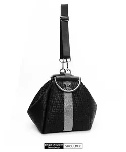 Detail of black embossed backpack with silver rhinestone stripes and metal ring handle
