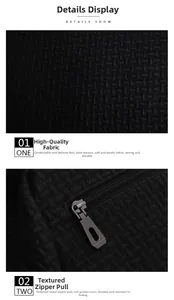 Close-up of premium embossed fabric texture and durable matte metal zipper on black backpack