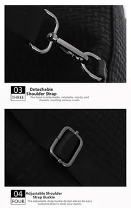 Detail view of durable detachable swivel hooks and adjustable buckle on black backpack
