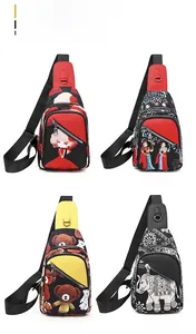 Detail view of four patterned oxford waist bags including girl, floral, bear and elephant prints