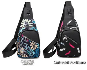 Detail of colorful leaves and feathers printed Oxford cloth chest bags with dual zippers