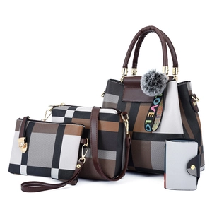 Retro plaid 4-piece tote bag set with crossbody bag and pompom charm decoration