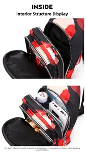 Detailed interior view of multi-layered floral waist bag with main compartment and front pocket