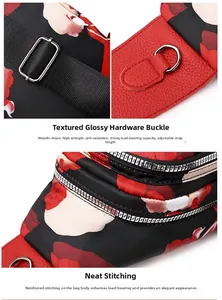 Detail of oxidation-resistant silver buckle and reinforced stitching on floral waist bag