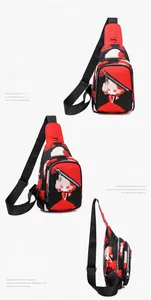 Detailed views of crossbody waist bag with red hair girl illustration and nylon fabric