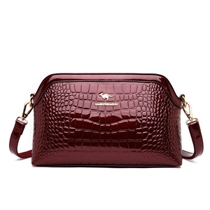 Classic wine red crocodile pattern patent leather shoulder bag with golden kangaroo logo
