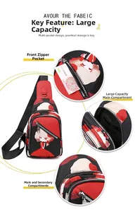 Detailed view of the multi-compartment black and red oxford fabric crossbody chest bag