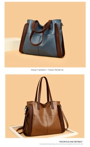 Détails de grands sacs cabas bleu et marron avec des anses en cuir contrastées
