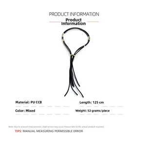 Detail view of multi-strand PU leather rope necklace with metallic CCB beads and tassel