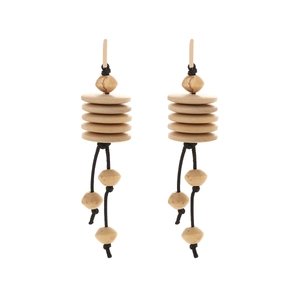Handmade wooden disc earrings with black braided rope tassels and gold hooks
