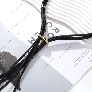 Long multilayer handmade beaded fringe PU leather cord necklace with metallic rings