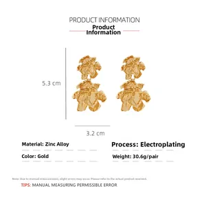 Detailed view of large gold alloy double-layer flower earrings with exact dimensions