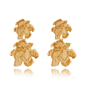 Exaggerated golden double-layered flower earrings with textured hammered finish
