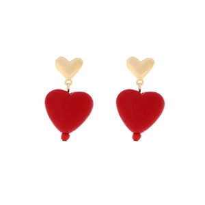 Stylish gold and red resin heart drop earrings featuring a double heart pendant design