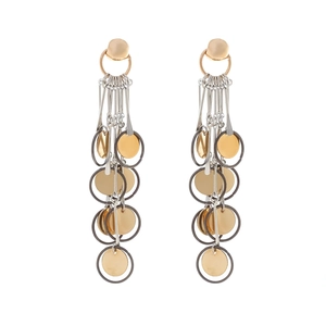 Vintage long tassel drop earrings with geometric gold and silver metallic discs