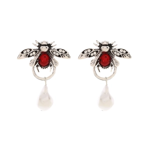 Boucles d'oreilles abeille vintage en argent, gemmes rouges, strass et perles