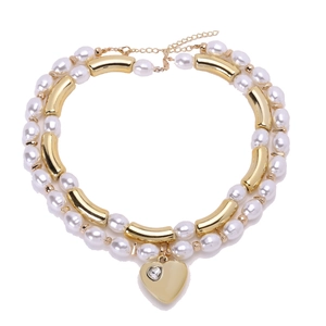 Multilayer faux pearl necklace featuring a golden heart pendant and metallic tube accents