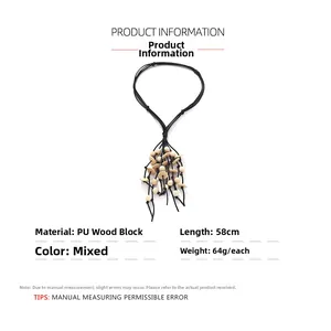 Bohemian multilayer necklace with PU leather cords, wooden beads, and fringe details
