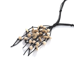 Detail view of multi-layer Bohemian necklace with natural wood beads and black cord