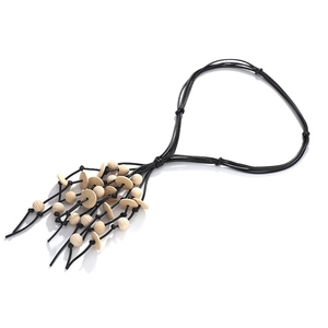 Bohemian multilayered long necklace with natural wood beads and black cord tassels