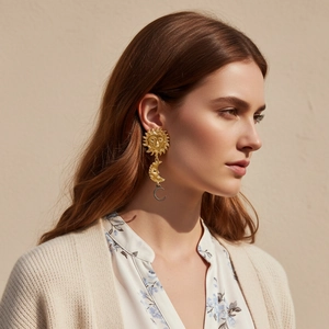 Exaggerated Sun Moon Face Long Drop Earrings With Alloy Rhinestones And Stainless Steel Earring Post Vintage Style