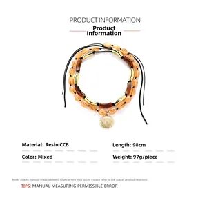 Detail view of multi-layer resin beaded necklace with shell pendant and 98cm cord