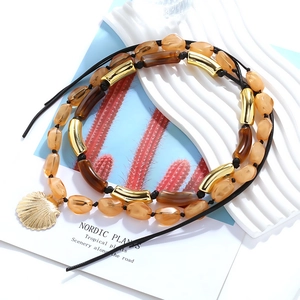 Multi-layer resin bead necklace with shell pendant and amber-toned accents for resort style