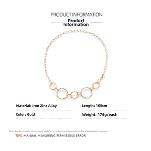 Detailed specs for gold geometric body chain with iron and zinc alloy links, 105cm length