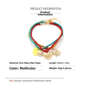 Detailed view of 3pcs colorful woven necklaces with gold sun and heart charms