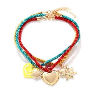 Rope Necklace Alloy Heart Sun Lemon Flower Charms Multi Layer Summer Vacation Bohemian Style Jewelry For Women