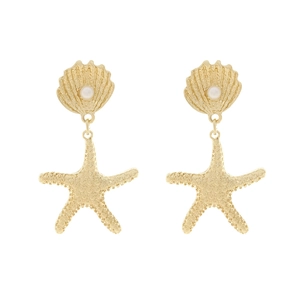 Orecchini a pendente con stella marina e conchiglia placcati oro con perle bianche