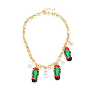 Cactus Pendant Necklace Gold Chunky Chain Colorful Enamel Baroque Faux Artificial Pearl Tropical Plant Jewelry For Women