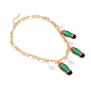 Tropical necklace with cactus charms and pearls on a golden chunky chain