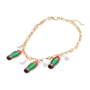 Exaggerated golden chain necklace with colorful enamel cactus and baroque pearl charms