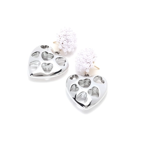 Fashionable beaded stud earrings featuring large hollow heart-shaped metal pendants