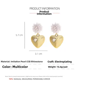 Detailed size specifications of heart-shaped pearl earrings with gold plating and rhinestones