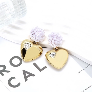 Retro handmade beaded heart drop earrings with gold plating and crystal accent