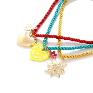 Bohemian summer colorful braided rope necklace set with gold heart and flower pendants