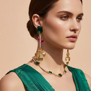 Boucles Oreilles Pendantes Fleur Alliage Verre Émeraude Pierre Strass Tige En Acier Inoxydable Bijoux Élégants Vintage Femmes