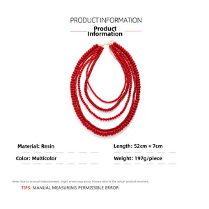 Detail of red multilayer beaded statement necklace with resin beads and sizing specs